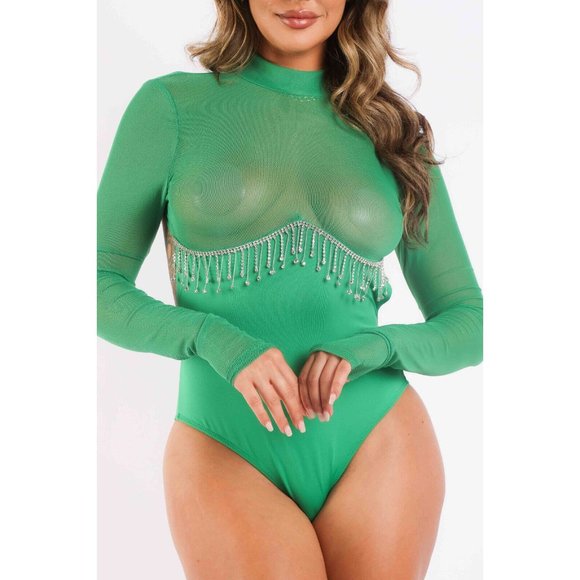 Women's Rhinestone Underboob Trimmed Bodysuit Long Sleeve Swimwear Mock Neck - Picture 5 of 9